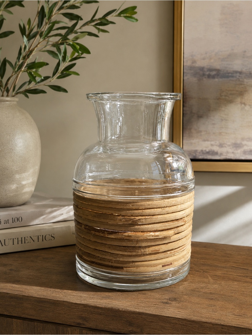 Glass Vase with Rattan Wrap - Natural